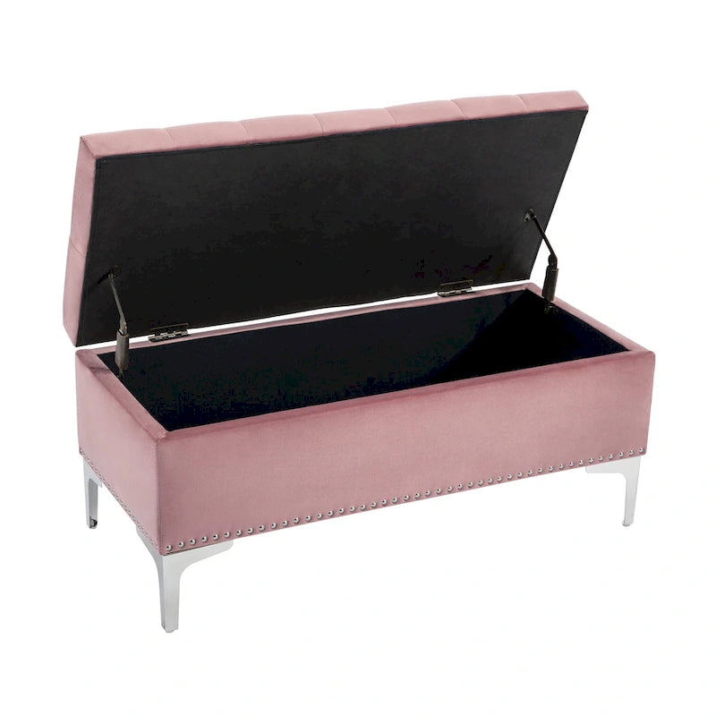 Banc de rangement ottoman Porthos Home Helge en velours avec dessus rabattable et pieds chromés