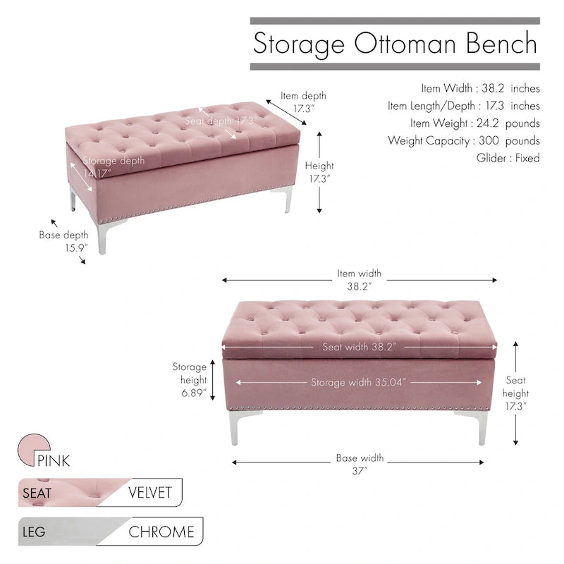 Banc de rangement ottoman Porthos Home Helge en velours avec dessus rabattable et pieds chromés