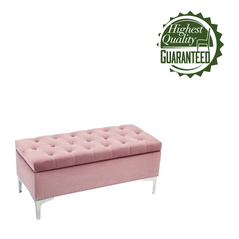 Banc de rangement ottoman Porthos Home Helge en velours avec dessus rabattable et pieds chromés