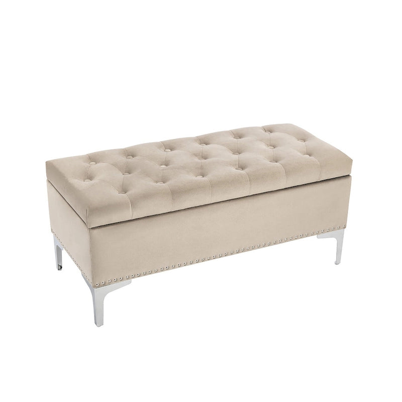 Banc de rangement ottoman Porthos Home Helge en velours avec dessus rabattable et pieds chromés