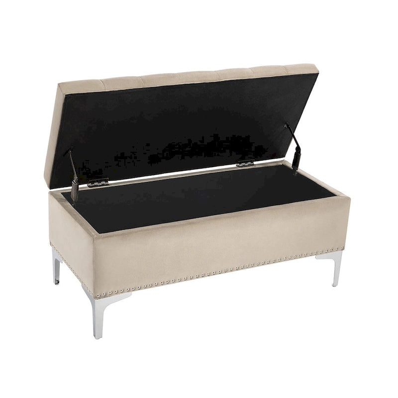 Banc de rangement ottoman Porthos Home Helge en velours avec dessus rabattable et pieds chromés