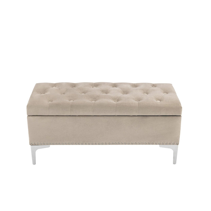 Banc de rangement ottoman Porthos Home Helge en velours avec dessus rabattable et pieds chromés
