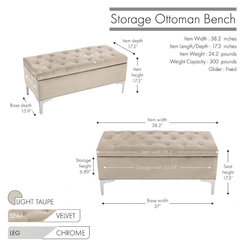 Banc de rangement ottoman Porthos Home Helge en velours avec dessus rabattable et pieds chromés