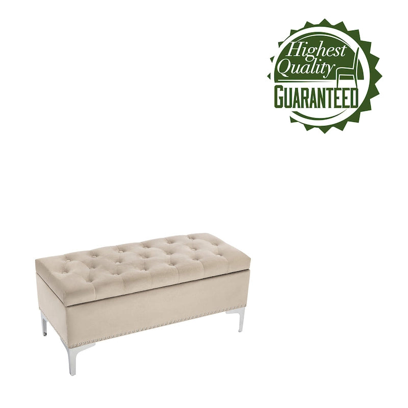 Banc de rangement ottoman Porthos Home Helge en velours avec dessus rabattable et pieds chromés