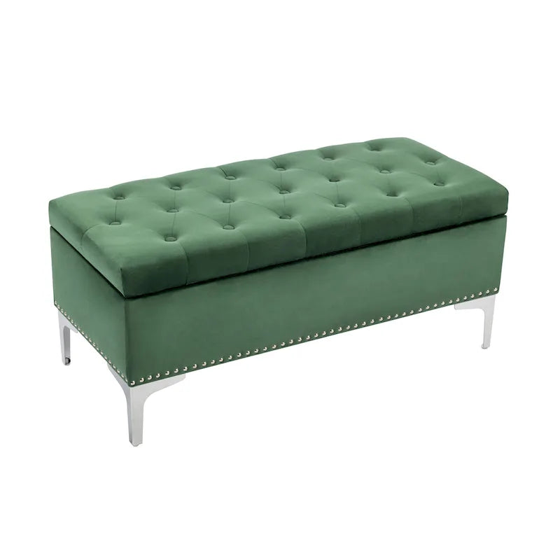 Banc de rangement ottoman Porthos Home Helge en velours avec dessus rabattable et pieds chromés