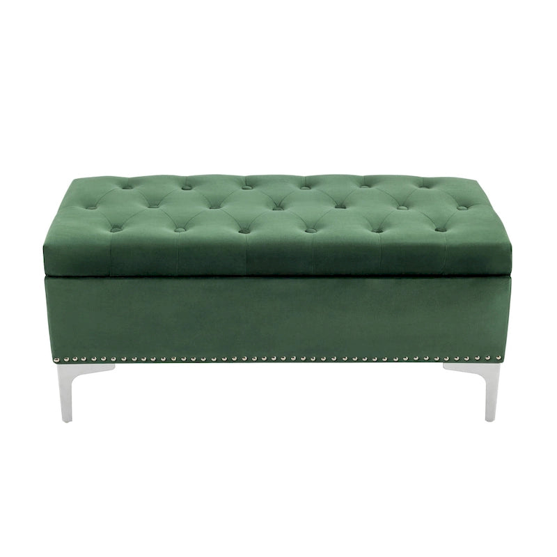 Banc de rangement ottoman Porthos Home Helge en velours avec dessus rabattable et pieds chromés