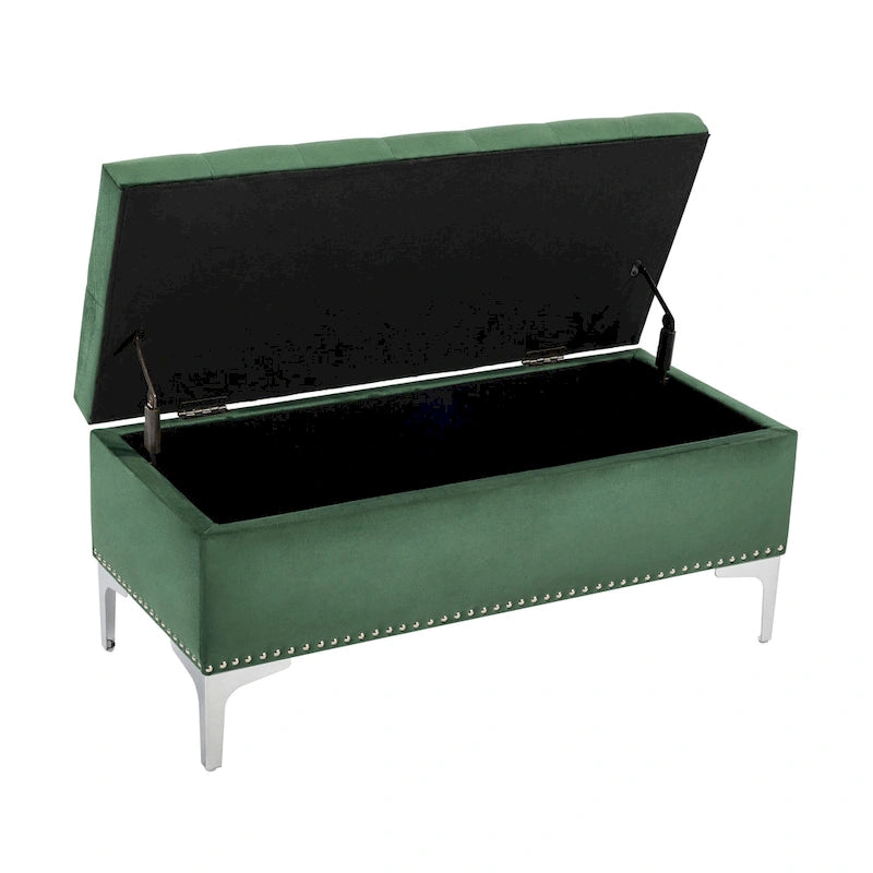 Banc de rangement ottoman Porthos Home Helge en velours avec dessus rabattable et pieds chromés