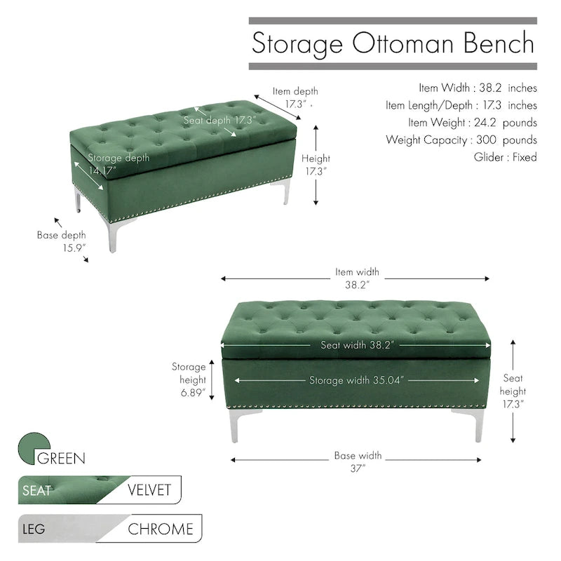 Banc de rangement ottoman Porthos Home Helge en velours avec dessus rabattable et pieds chromés