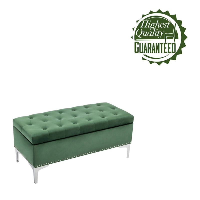 Banc de rangement ottoman Porthos Home Helge en velours avec dessus rabattable et pieds chromés