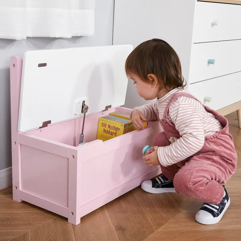 Qaba Coffre à jouets 2-EN-1 en bois pour enfants, banc, meuble de rangement avec vérin pneumatique de sécurité