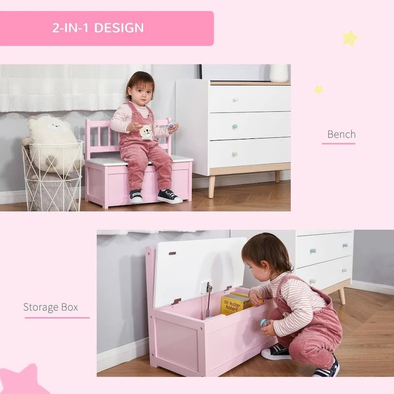 Qaba Coffre à jouets 2-EN-1 en bois pour enfants, banc, meuble de rangement avec vérin pneumatique de sécurité