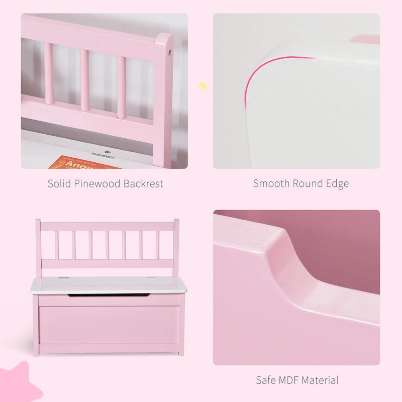 Qaba Coffre à jouets 2-EN-1 en bois pour enfants, banc, meuble de rangement avec vérin pneumatique de sécurité