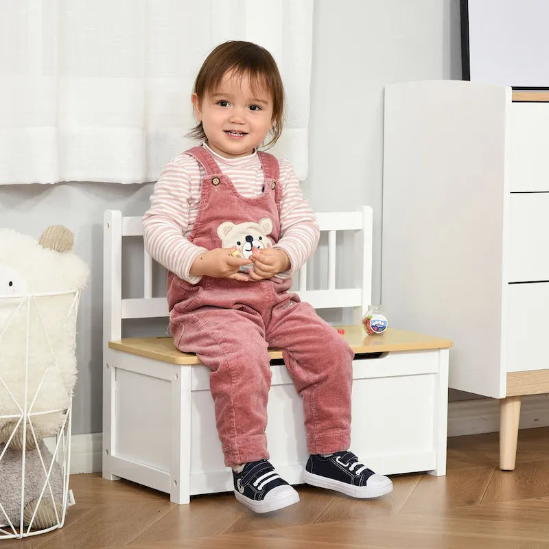 Qaba Coffre à jouets 2-EN-1 en bois pour enfants, banc, meuble de rangement avec vérin pneumatique de sécurité
