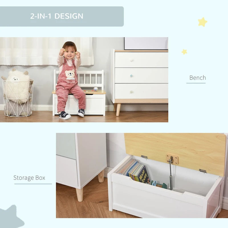 Qaba Coffre à jouets 2-EN-1 en bois pour enfants, banc, meuble de rangement avec vérin pneumatique de sécurité