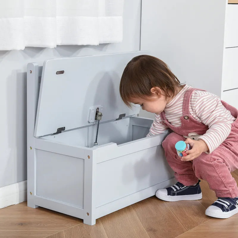 Qaba Coffre à jouets 2-EN-1 en bois pour enfants, banc, meuble de rangement avec vérin pneumatique de sécurité