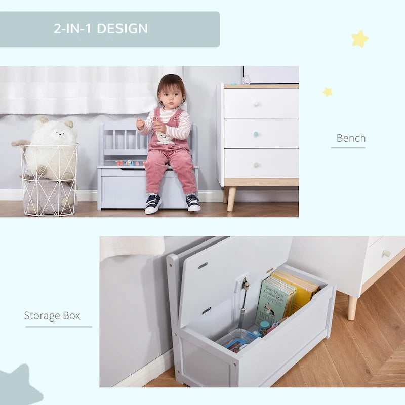 Qaba Coffre à jouets 2-EN-1 en bois pour enfants, banc, meuble de rangement avec vérin pneumatique de sécurité