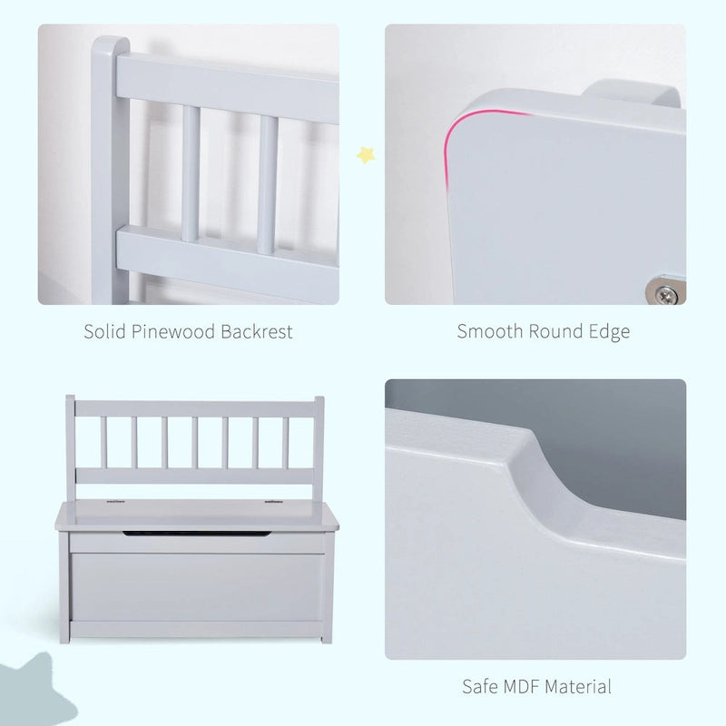 Qaba Coffre à jouets 2-EN-1 en bois pour enfants, banc, meuble de rangement avec vérin pneumatique de sécurité
