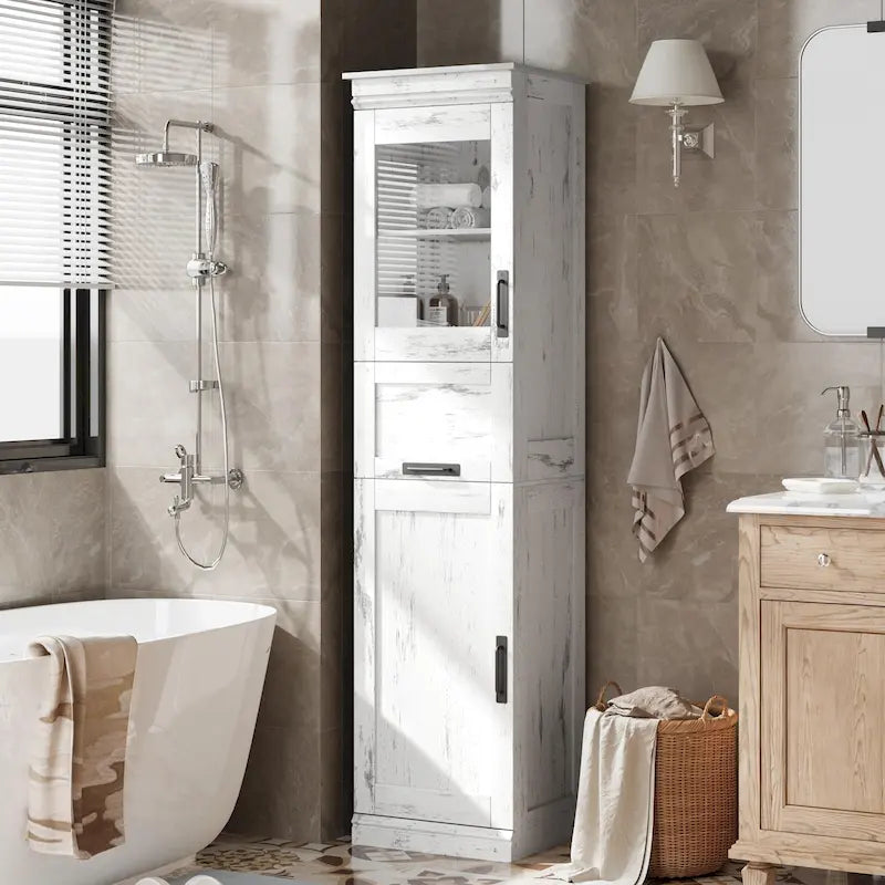 Meuble de salle de bain haut, Armoire de rangement étroite avec portes et étagère réglable