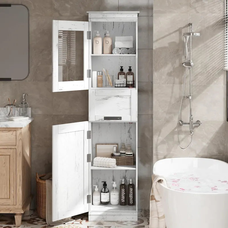Meuble de salle de bain haut, Armoire de rangement étroite avec portes et étagère réglable