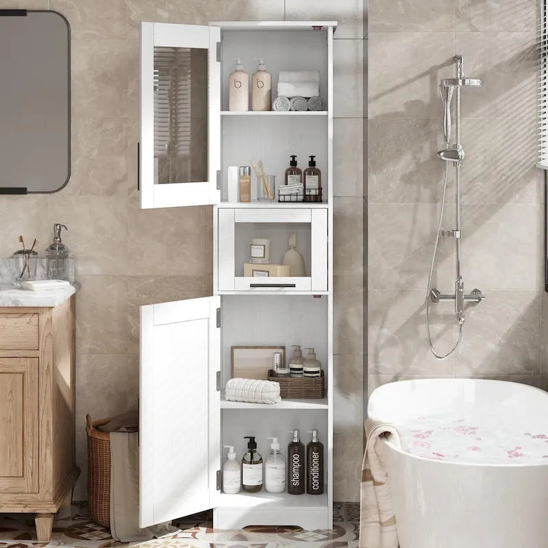 Meuble de salle de bain haut, Armoire de rangement étroite avec portes et étagère réglable