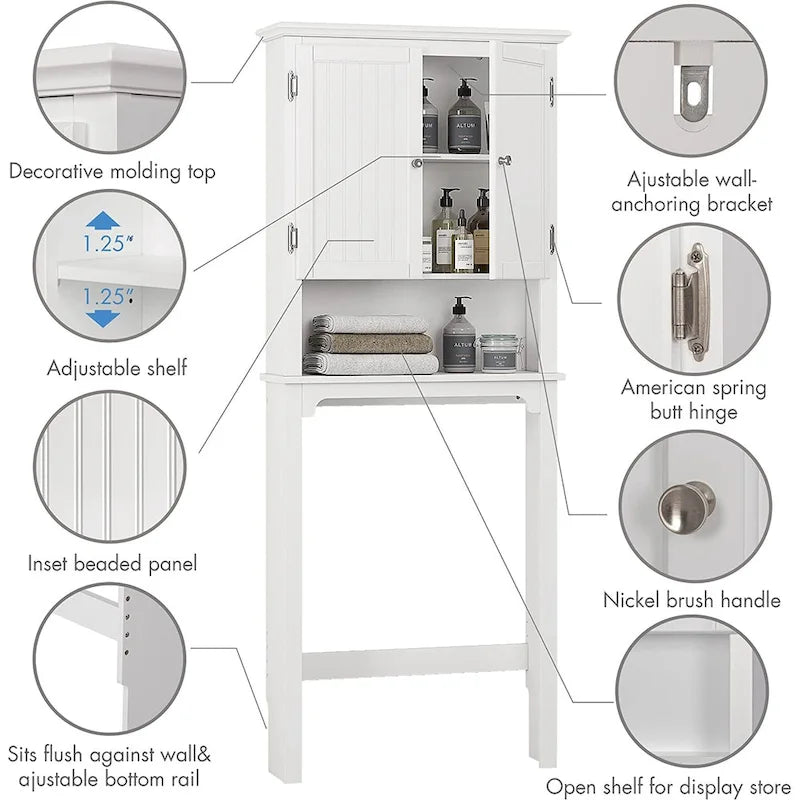 Meuble de rangement de salle de bain UTEX à placer au-dessus des toilettes, organisateur de salle de bain avec étagères réglables et portes doubles