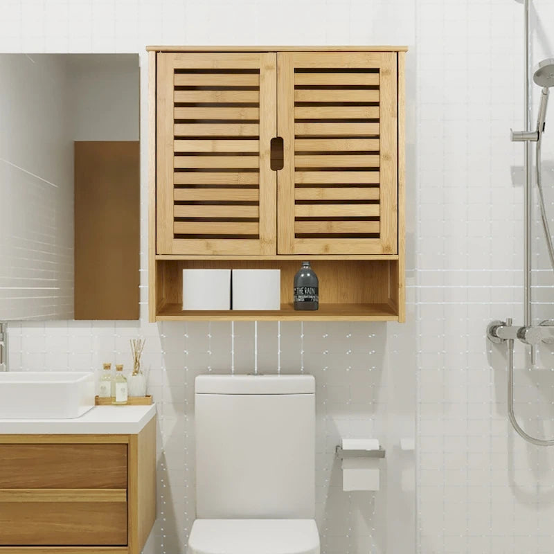 Organisateur de rangement pour armoire murale de salle de bain avec étagère réglable et portes doubles