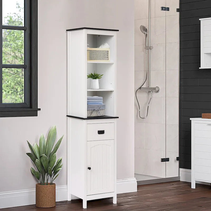 Meuble de rangement haut de salle de bain en bois blanc et noir - 160 H x 40 L x 30 P cm