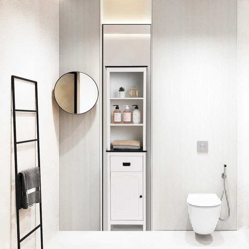 Meuble de rangement haut de salle de bain en bois blanc et noir - 160 H x 40 L x 30 P cm