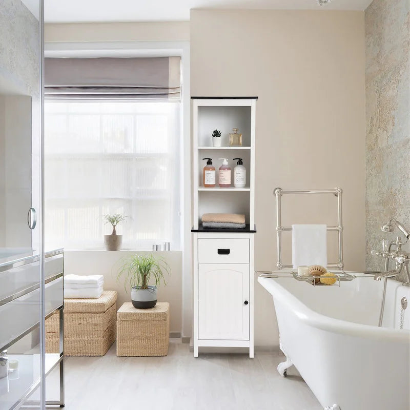 Meuble de rangement haut de salle de bain en bois blanc et noir - 160 H x 40 L x 30 P cm