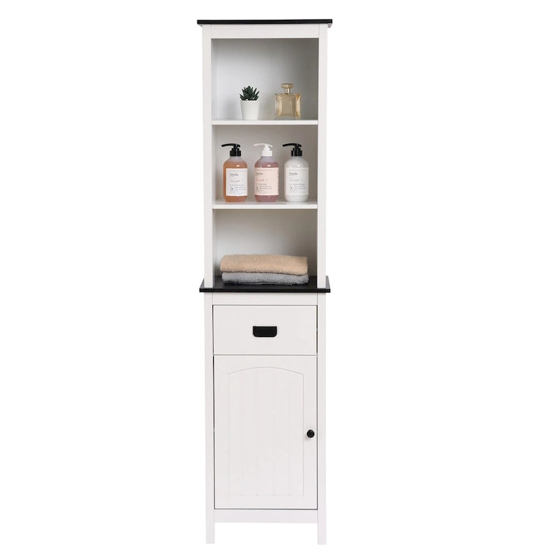Meuble de rangement haut de salle de bain en bois blanc et noir - 160 H x 40 L x 30 P cm