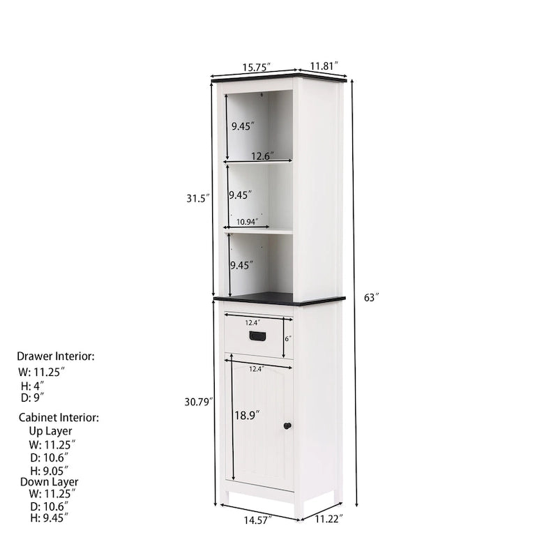 Meuble de rangement haut de salle de bain en bois blanc et noir - 160 H x 40 L x 30 P cm
