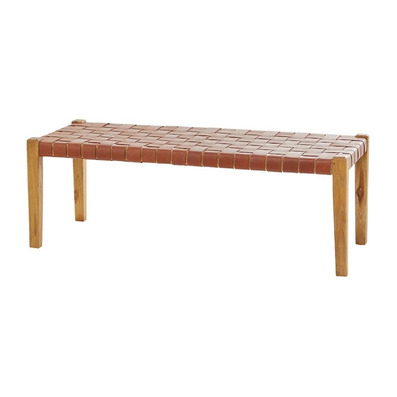 Banc tissé fait main en cuir noir ou marron - 47 x 18 x 17