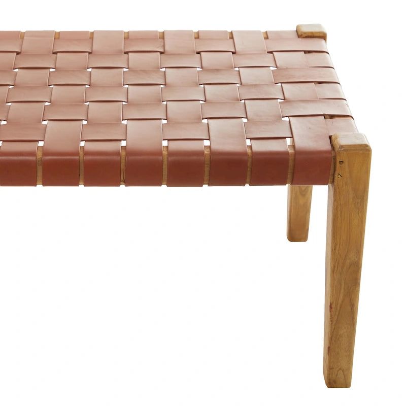 Banc tissé fait main en cuir noir ou marron - 47 x 18 x 17