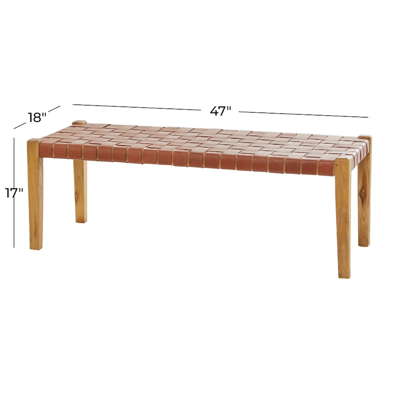 Banc tissé fait main en cuir noir ou marron - 47 x 18 x 17