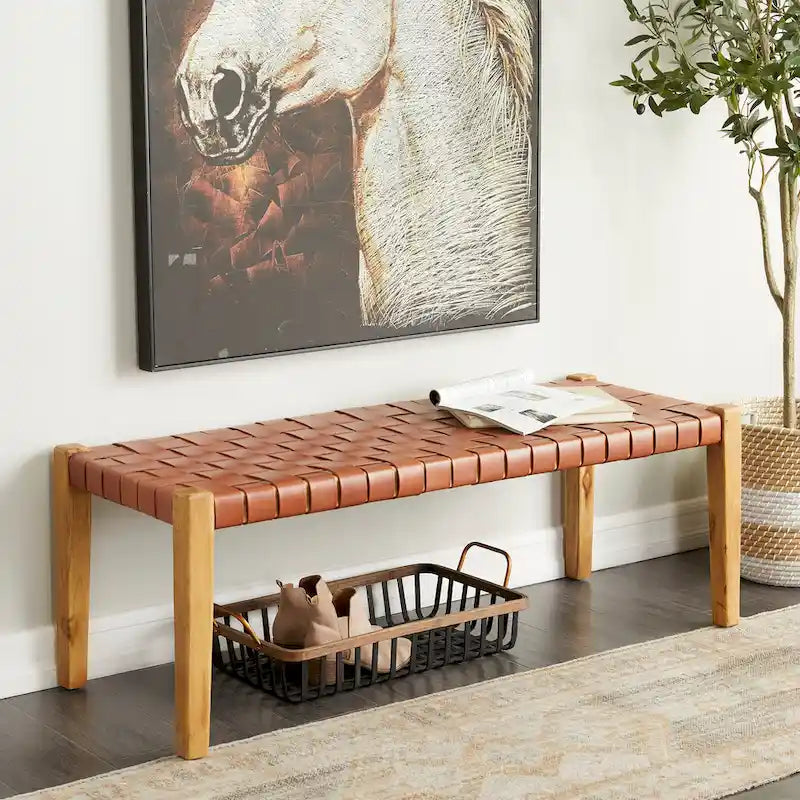 Banc tissé fait main en cuir noir ou marron - 47 x 18 x 17