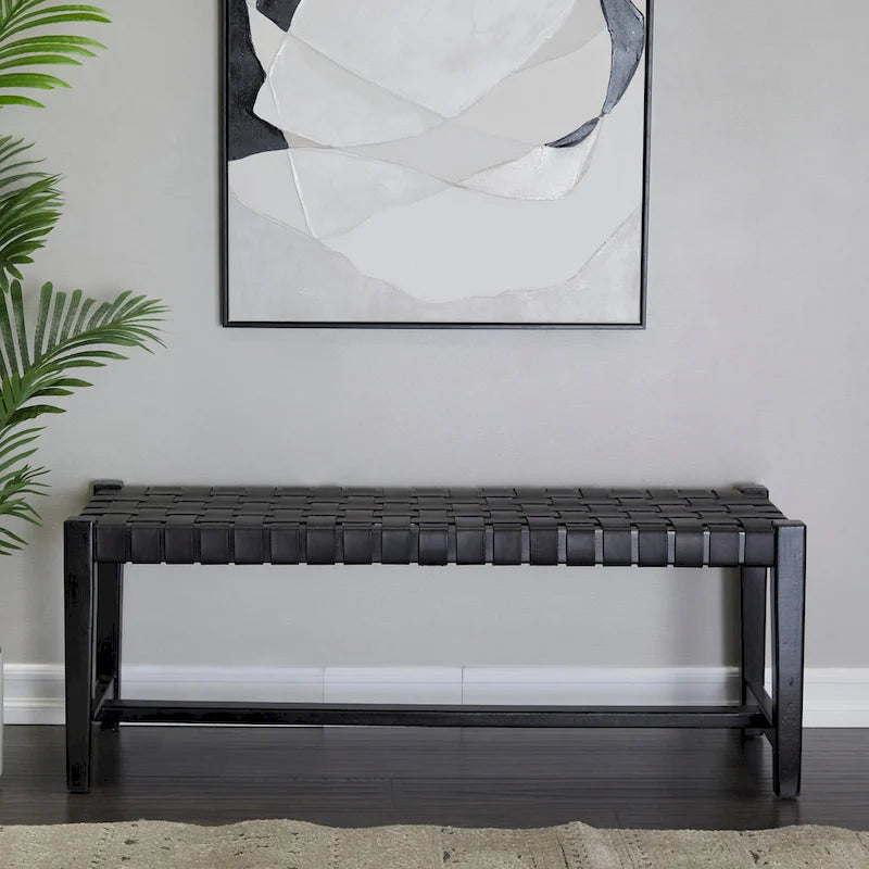 Banc tissé fait main en cuir noir ou marron - 47 x 18 x 17