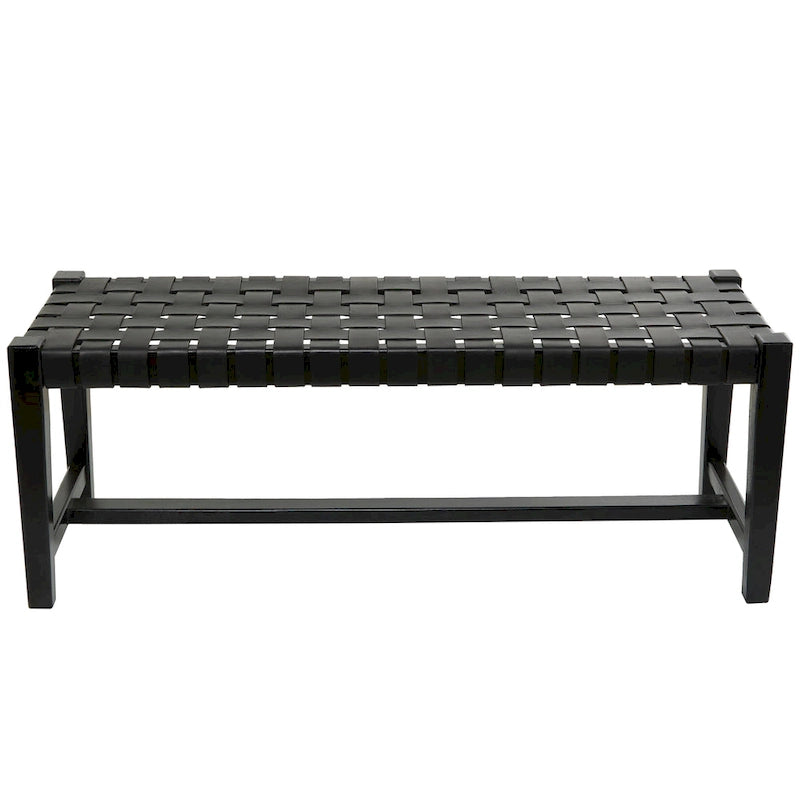 Banc tissé fait main en cuir noir ou marron - 47 x 18 x 17
