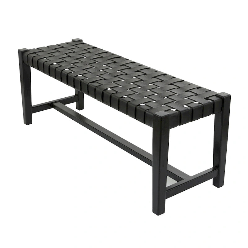 Banc tissé fait main en cuir noir ou marron - 47 x 18 x 17