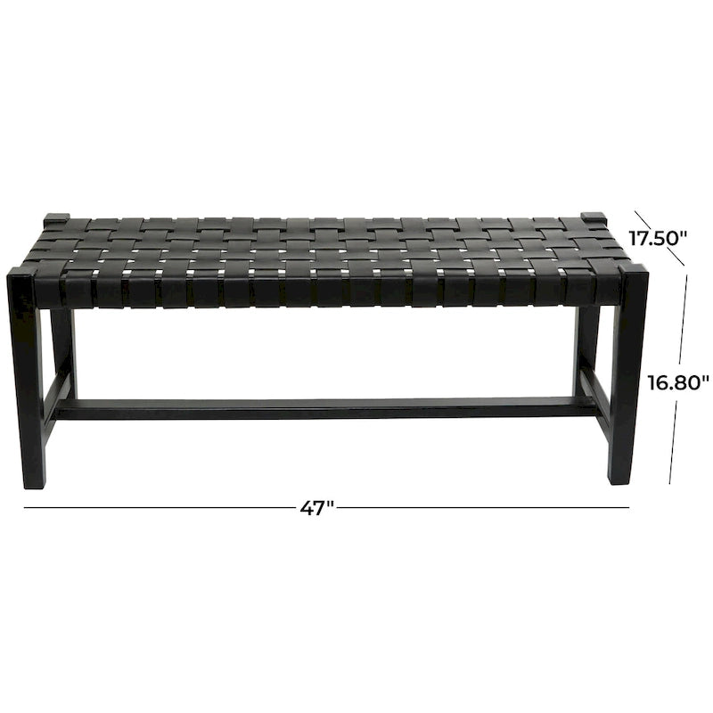 Banc tissé fait main en cuir noir ou marron - 47 x 18 x 17