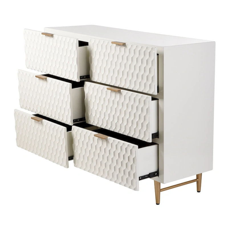 Commode d'appoint à six tiroirs Lexi avec poignées dorées – Fini crème et doré
