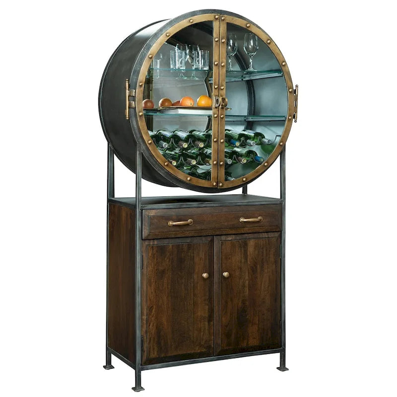 Meuble bar et cave à vin en bois brun et métal gris par Howard Miller
