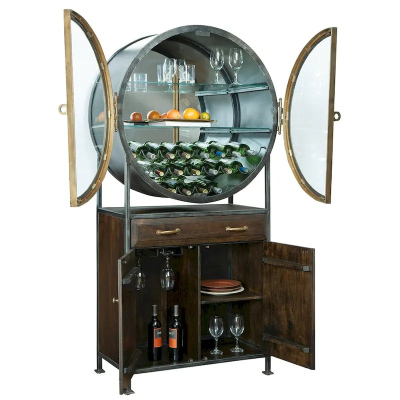 Meuble bar et cave à vin en bois brun et métal gris par Howard Miller