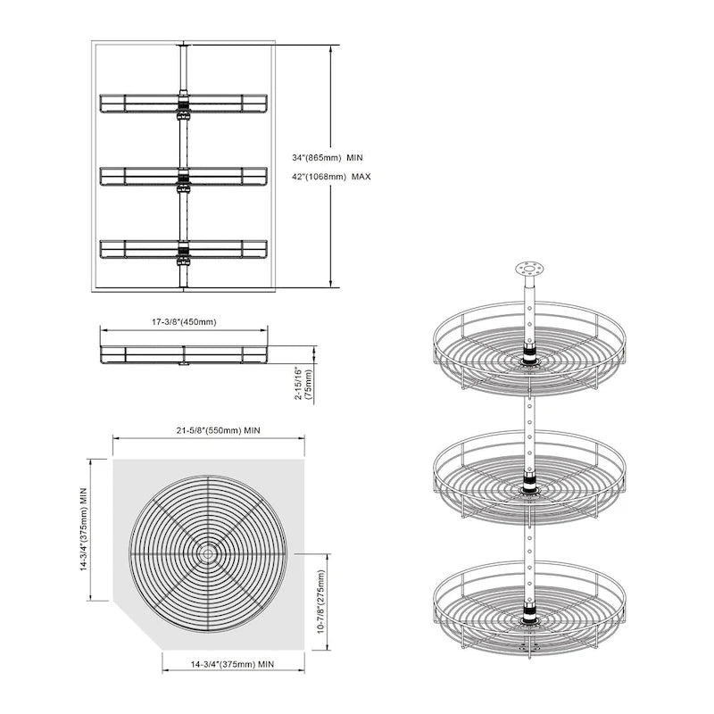 Dowell Lazy Susan 18 pouces de diamètre - Triple panier rotatif en acier inoxydable à 360 degrés