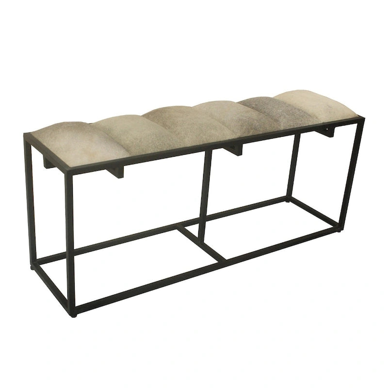 Banc Verga 50W en fer noir, fausse fourrure grise et patch en cuir - 50 x 14 x 22