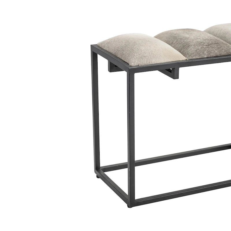 Banc Verga 50W en fer noir, fausse fourrure grise et patch en cuir - 50 x 14 x 22