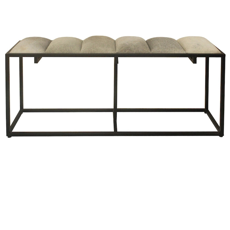 Banc Verga 50W en fer noir, fausse fourrure grise et patch en cuir - 50 x 14 x 22