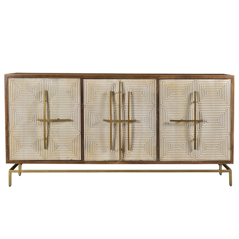 Buffet Allura en manguier blanc et naturel à 3 portes avec quincaillerie dorée - 69L x 16P x 34H