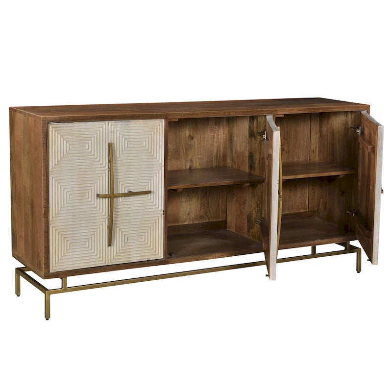 Buffet Allura en manguier blanc et naturel à 3 portes avec quincaillerie dorée - 69L x 16P x 34H