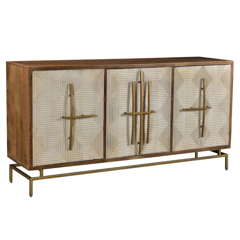 Buffet Allura en manguier blanc et naturel à 3 portes avec quincaillerie dorée - 69L x 16P x 34H