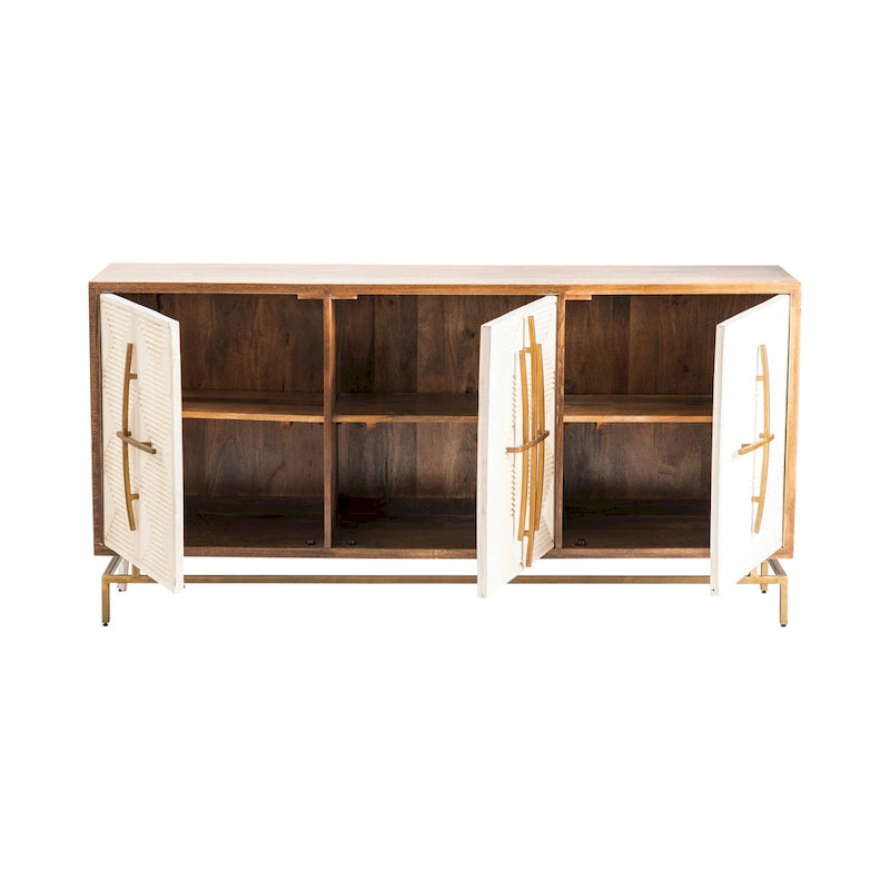 Buffet Allura en manguier blanc et naturel à 3 portes avec quincaillerie dorée - 69L x 16P x 34H